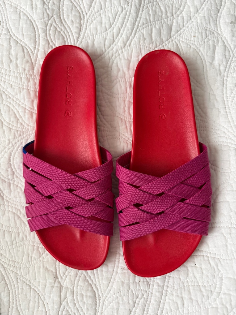 Rothy's Pink Woven Slide Sandals with Red Footbed